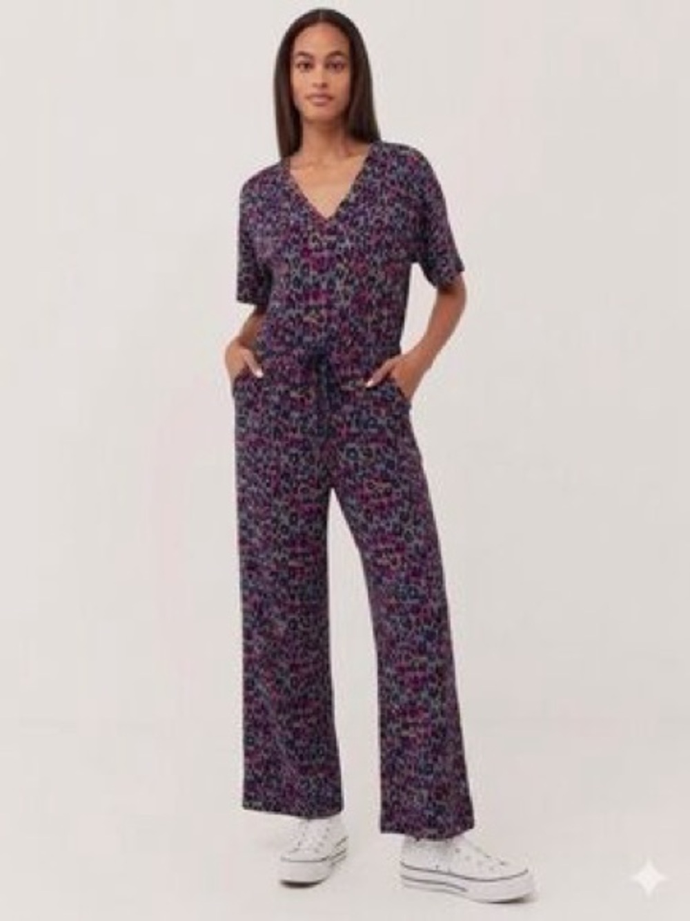 Pact Purple Leopard V-Neck Wide-Leg Jumpsuit